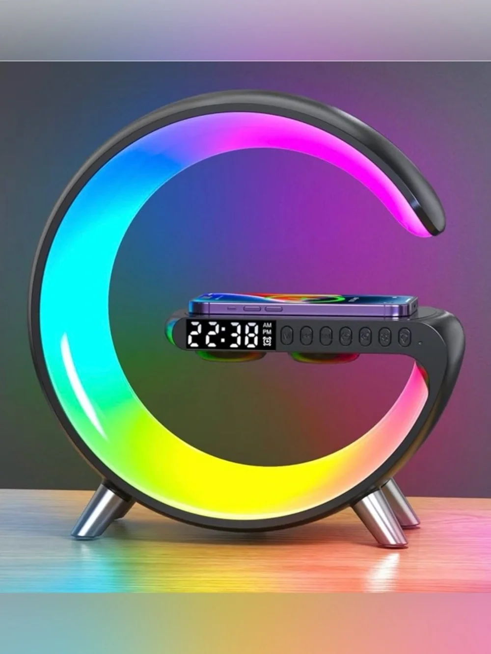 LED RGB C-Shaped Desk Lamp with Digital Clock & Wireless Charging